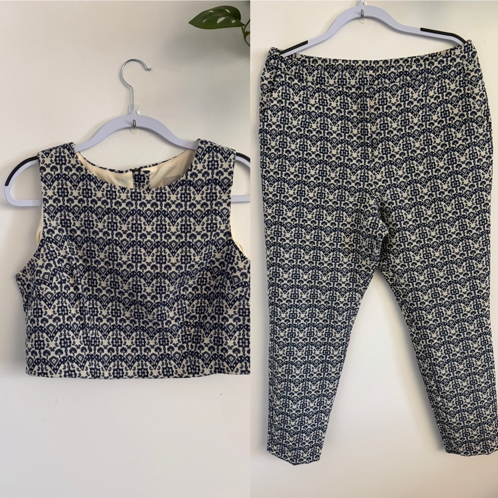 ASOS Navy and Cream Embroidered Two Piece Set